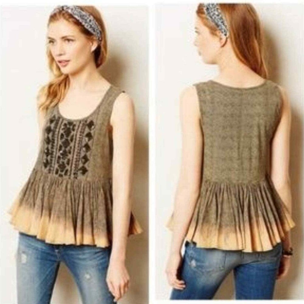 Akemi Kin Anthropologie Suva Swing Brown Orange Ombré Ruffles Cotton Tank Top M